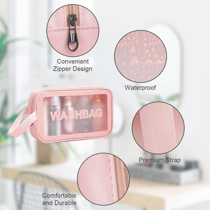 5PCS Clear Toiletry Bags, Wash Bag, Clear PU Makeup Bag, Waterproof Toiletry Travel Bag with Zipper Handle, Portable Airport Cosmetic Bag for Travel Bathroom Men Women (Pink)