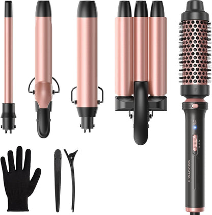 Wavytalk 5 in 1 Curling Wand Set, 0.5-1.25" Barrels& Thermal Brush& Crimper