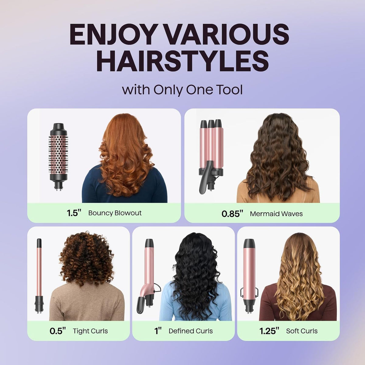 Wavytalk 5 in 1 Curling Wand Set, 0.5-1.25" Barrels& Thermal Brush& Crimper
