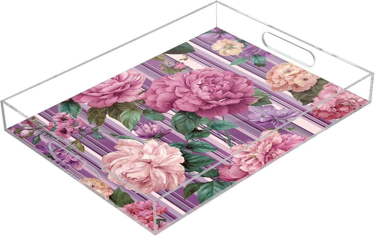 Romantic Retro Pink Striped Roses 15.7 x 11.8 in Acrylic Serving Decorative Tray with Handles 1 Pcs Large Plastic Food Snack Trays Coffee Table Tray for Kitchen Bed Bathroom Breakfast Eating