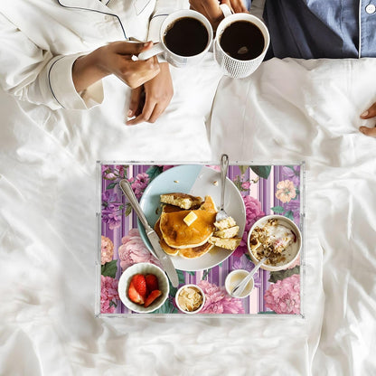 Romantic Retro Pink Striped Roses 15.7 x 11.8 in Acrylic Serving Decorative Tray with Handles 1 Pcs Large Plastic Food Snack Trays Coffee Table Tray for Kitchen Bed Bathroom Breakfast Eating