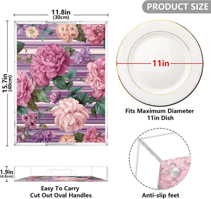 Romantic Retro Pink Striped Roses 15.7 x 11.8 in Acrylic Serving Decorative Tray with Handles 1 Pcs Large Plastic Food Snack Trays Coffee Table Tray for Kitchen Bed Bathroom Breakfast Eating