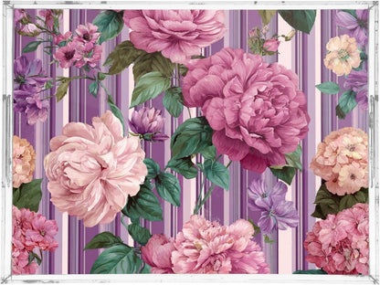 Romantic Retro Pink Striped Roses 15.7 x 11.8 in Acrylic Serving Decorative Tray with Handles 1 Pcs Large Plastic Food Snack Trays Coffee Table Tray for Kitchen Bed Bathroom Breakfast Eating