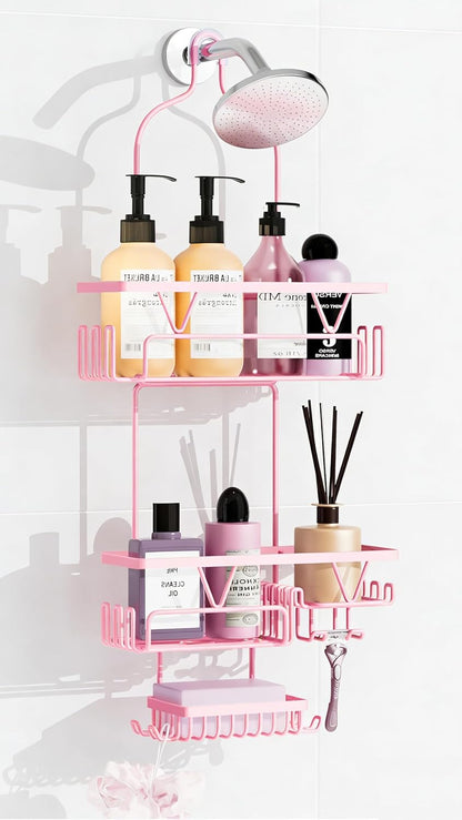 Hanging Shower Caddy Over Shower Head, Anti-Swing Shower Organizer For Inside Shower With 2 Soap Holders, Multi Hooks, Rustproof Bathroom Accessories, Pink