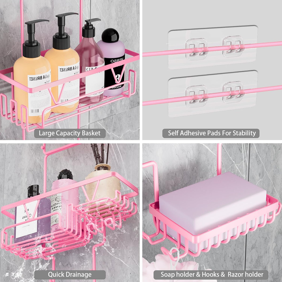 Hanging Shower Caddy Over Shower Head, Anti-Swing Shower Organizer For Inside Shower With 2 Soap Holders, Multi Hooks, Rustproof Bathroom Accessories, Pink