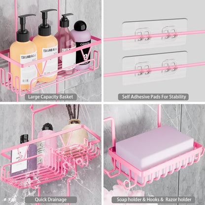 Hanging Shower Caddy Over Shower Head, Anti-Swing Shower Organizer For Inside Shower With 2 Soap Holders, Multi Hooks, Rustproof Bathroom Accessories, Pink