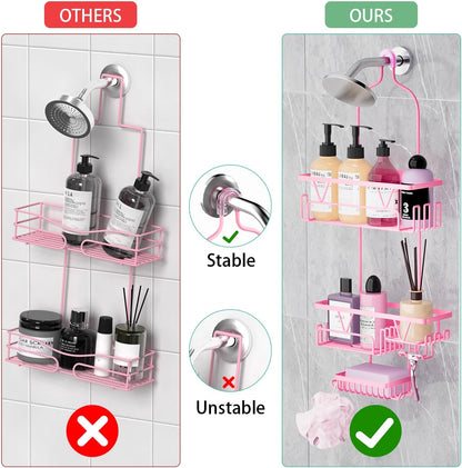 Hanging Shower Caddy Over Shower Head, Anti-Swing Shower Organizer For Inside Shower With 2 Soap Holders, Multi Hooks, Rustproof Bathroom Accessories, Pink