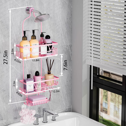 Hanging Shower Caddy Over Shower Head, Anti-Swing Shower Organizer For Inside Shower With 2 Soap Holders, Multi Hooks, Rustproof Bathroom Accessories, Pink