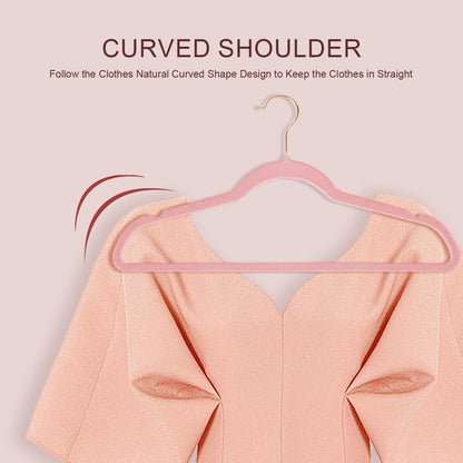 52 Packs Velvet Clothes Hangers, 17.3 Inches Non-Slip Skirt Hangers, Sturdy Dresses Hangers with Shoulder Notches, Space Saving Clothing Hangers for Adults, Pink with Gold Hook