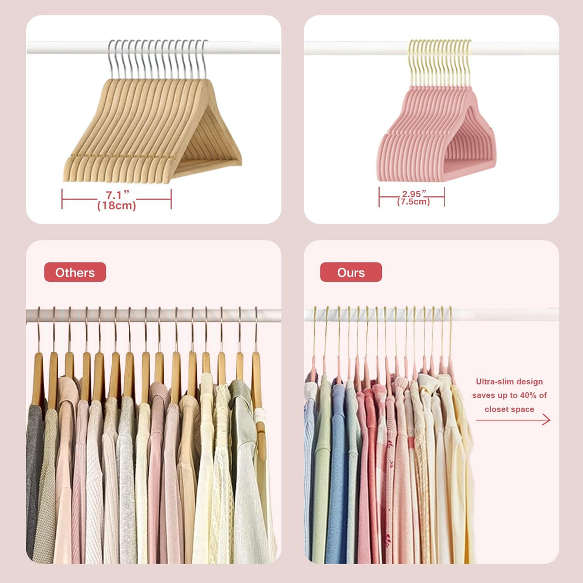 52 Packs Velvet Clothes Hangers, 17.3 Inches Non-Slip Skirt Hangers, Sturdy Dresses Hangers with Shoulder Notches, Space Saving Clothing Hangers for Adults, Pink with Gold Hook