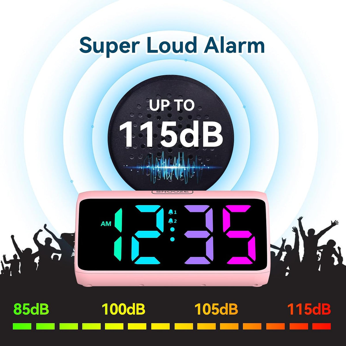 Loud Alarm Clock for Heavy Sleepers, RGB Alarm Clocks for Bedrooms Seniors Kids, Plug in Digital Clock with 5 Dimmers, 2 Alarms, 4 Volumes and Snooze