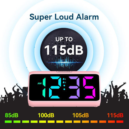 Loud Alarm Clock for Heavy Sleepers, RGB Alarm Clocks for Bedrooms Seniors Kids, Plug in Digital Clock with 5 Dimmers, 2 Alarms, 4 Volumes and Snooze