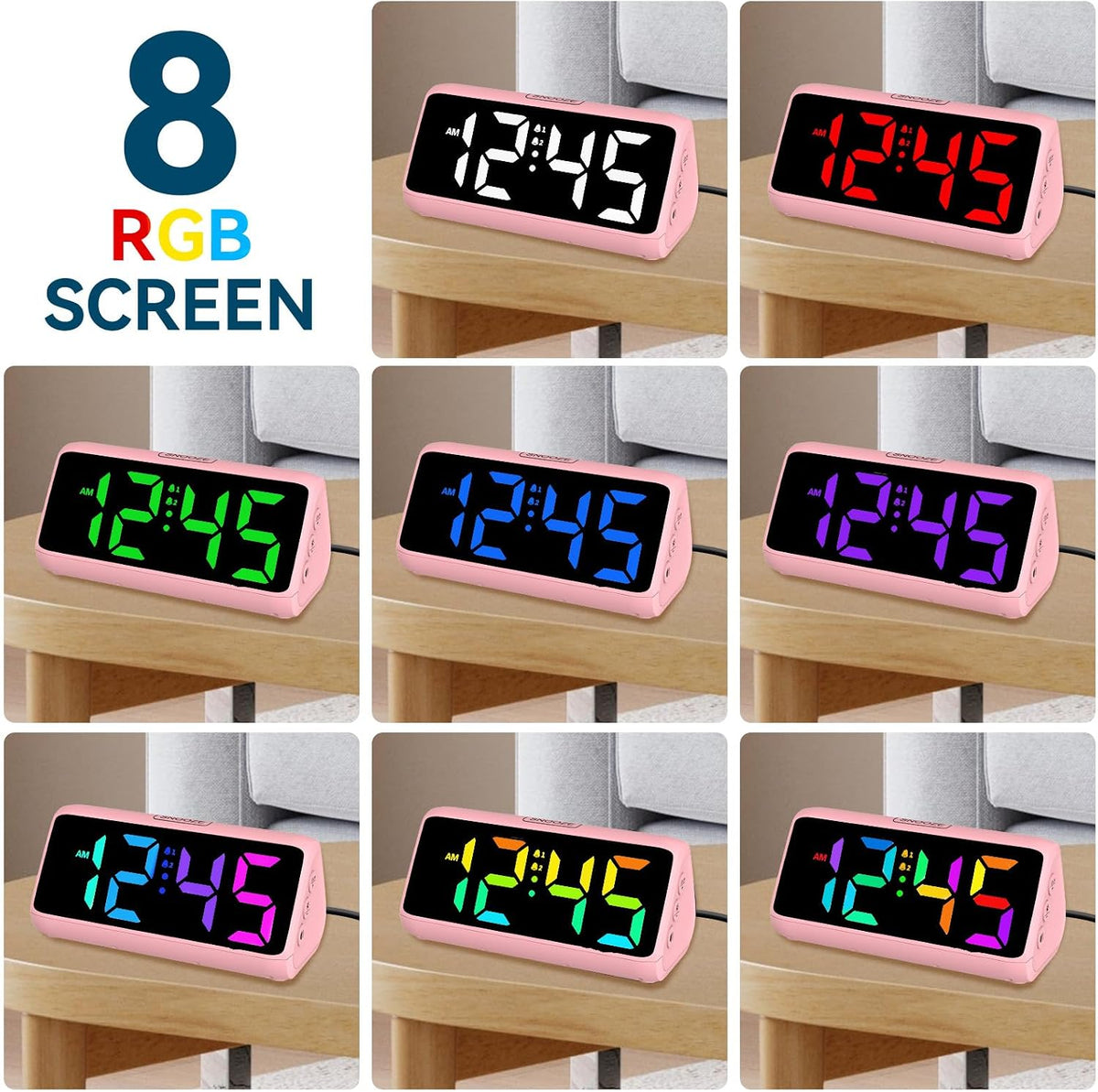 Loud Alarm Clock for Heavy Sleepers, RGB Alarm Clocks for Bedrooms Seniors Kids, Plug in Digital Clock with 5 Dimmers, 2 Alarms, 4 Volumes and Snooze