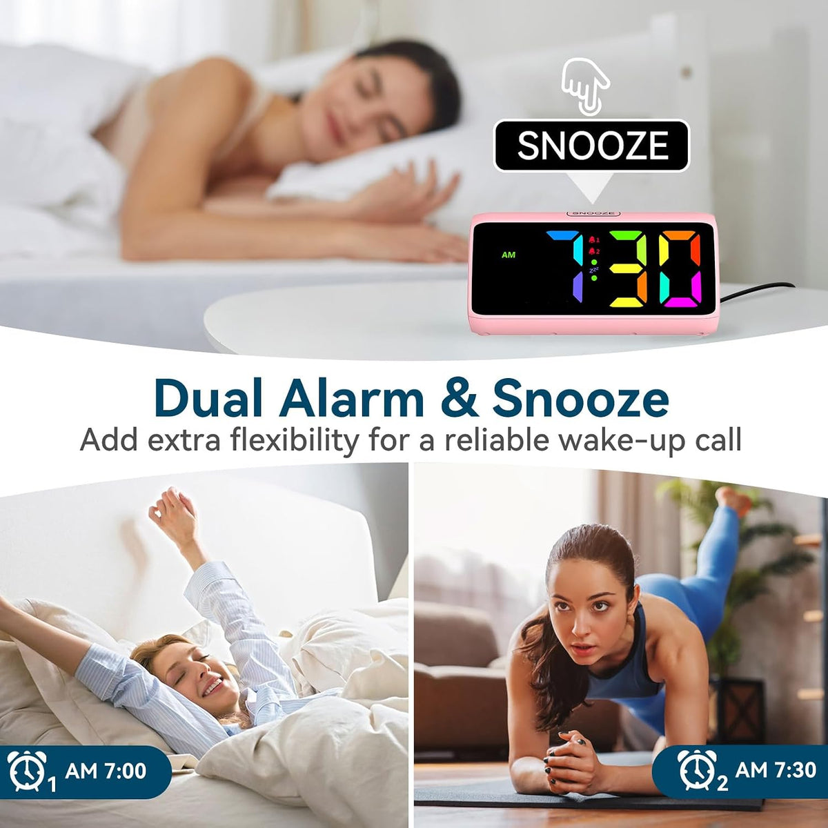Loud Alarm Clock for Heavy Sleepers, RGB Alarm Clocks for Bedrooms Seniors Kids, Plug in Digital Clock with 5 Dimmers, 2 Alarms, 4 Volumes and Snooze