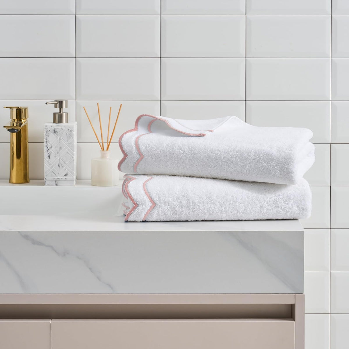 2 Piece Cotton Bath Towel Set, Embroidered, White, Blush Scallop