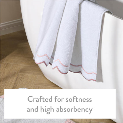 2 Piece Cotton Bath Towel Set, Embroidered, White, Blush Scallop