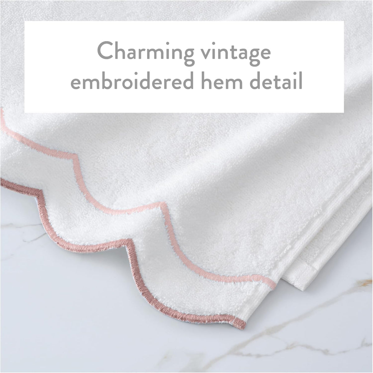 2 Piece Cotton Bath Towel Set, Embroidered, White, Blush Scallop