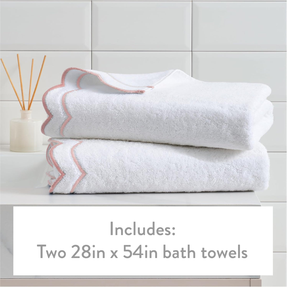 2 Piece Cotton Bath Towel Set, Embroidered, White, Blush Scallop