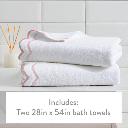 2 Piece Cotton Bath Towel Set, Embroidered, White, Blush Scallop