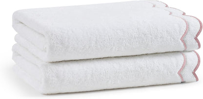 2 Piece Cotton Bath Towel Set, Embroidered, White, Blush Scallop