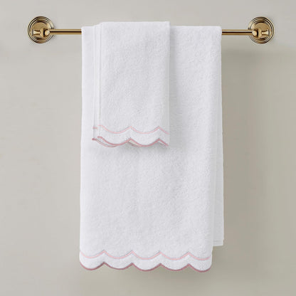 2 Piece Cotton Bath Towel Set, Embroidered, White, Blush Scallop