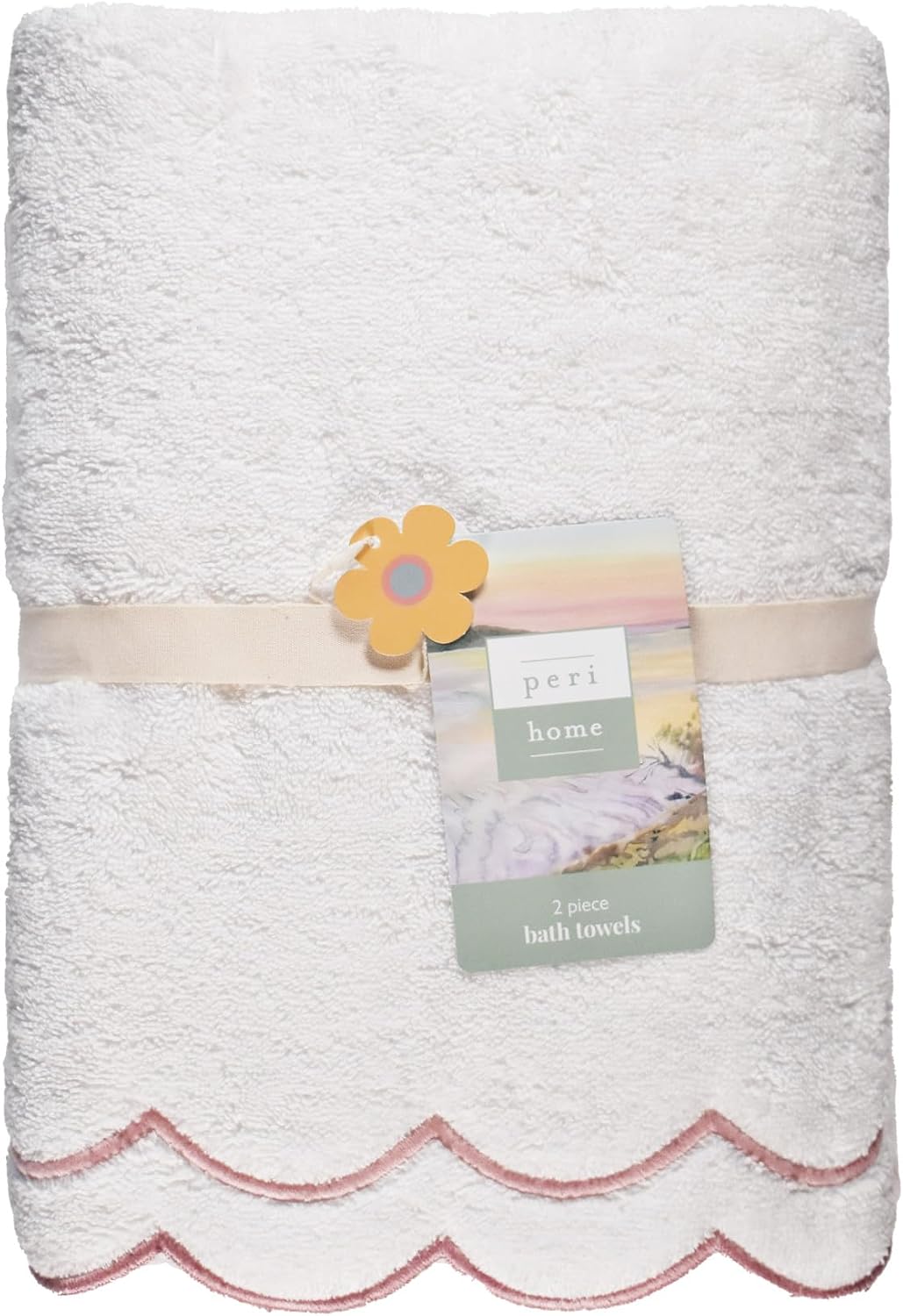 2 Piece Cotton Bath Towel Set, Embroidered, White, Blush Scallop