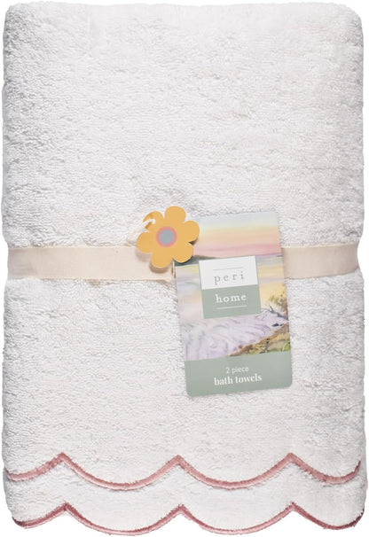 2 Piece Cotton Bath Towel Set, Embroidered, White, Blush Scallop
