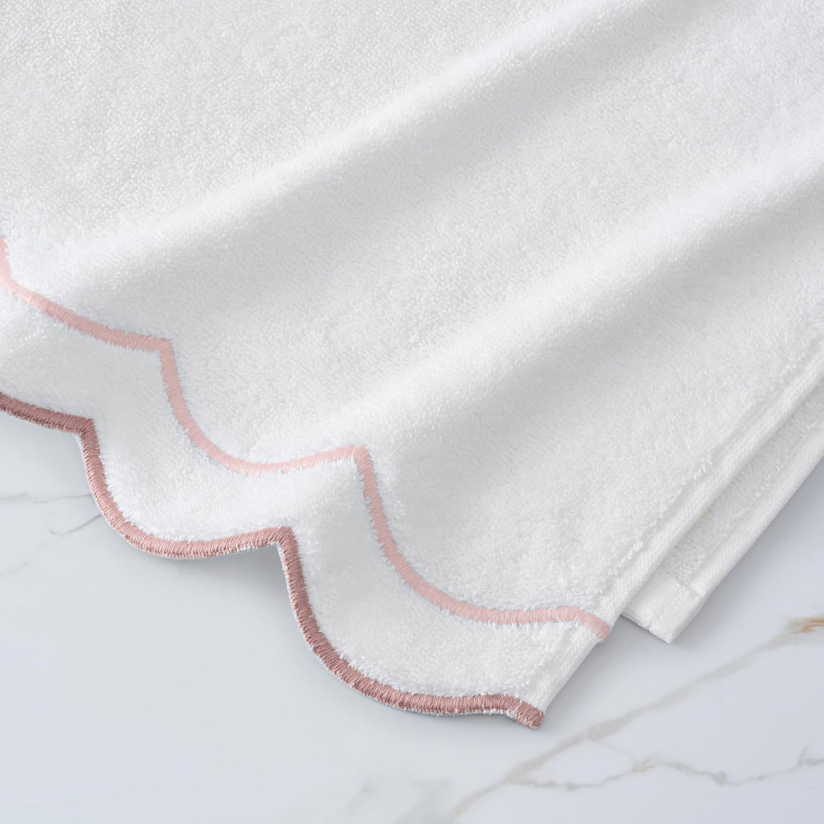 2 Piece Cotton Bath Towel Set, Embroidered, White, Blush Scallop