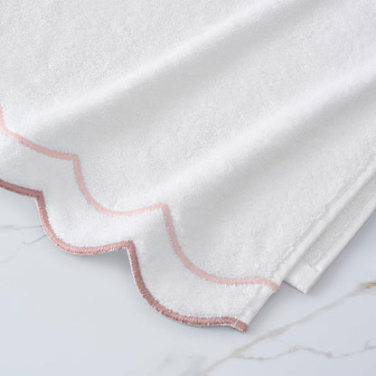 2 Piece Cotton Bath Towel Set, Embroidered, White, Blush Scallop