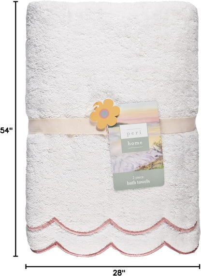 2 Piece Cotton Bath Towel Set, Embroidered, White, Blush Scallop