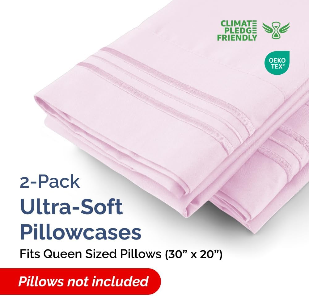 Queen Pillow Cases Set of 2 - Ultra Soft Cozy Pillowcase Covers - Pink