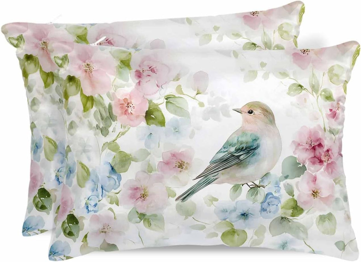 Peach Blossom Satin Pillowcases Queen Size, Silk Pillow Cases for Hair and Skin with Zipper 2 Pack, Nature Pink Blue Flower Spring Birds Smooth Throw Pillow Covers for Sleeping, 20"x30"