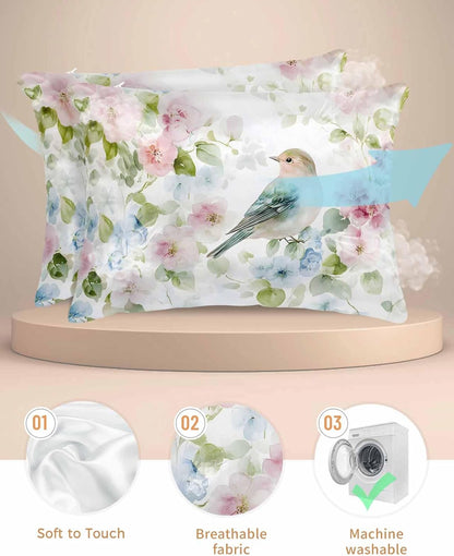 Peach Blossom Satin Pillowcases Queen Size, Silk Pillow Cases for Hair and Skin with Zipper 2 Pack, Nature Pink Blue Flower Spring Birds Smooth Throw Pillow Covers for Sleeping, 20"x30"