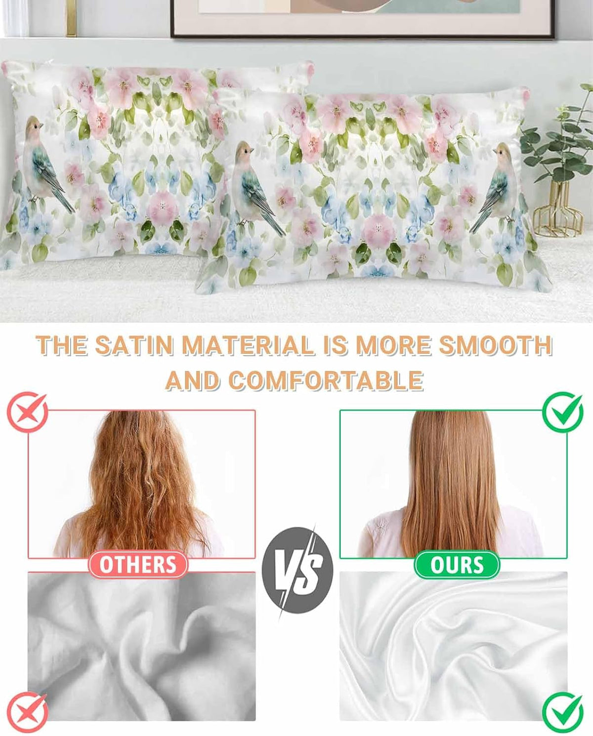 Peach Blossom Satin Pillowcases Queen Size, Silk Pillow Cases for Hair and Skin with Zipper 2 Pack, Nature Pink Blue Flower Spring Birds Smooth Throw Pillow Covers for Sleeping, 20"x30"