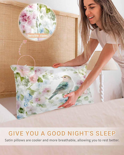 Peach Blossom Satin Pillowcases Queen Size, Silk Pillow Cases for Hair and Skin with Zipper 2 Pack, Nature Pink Blue Flower Spring Birds Smooth Throw Pillow Covers for Sleeping, 20"x30"