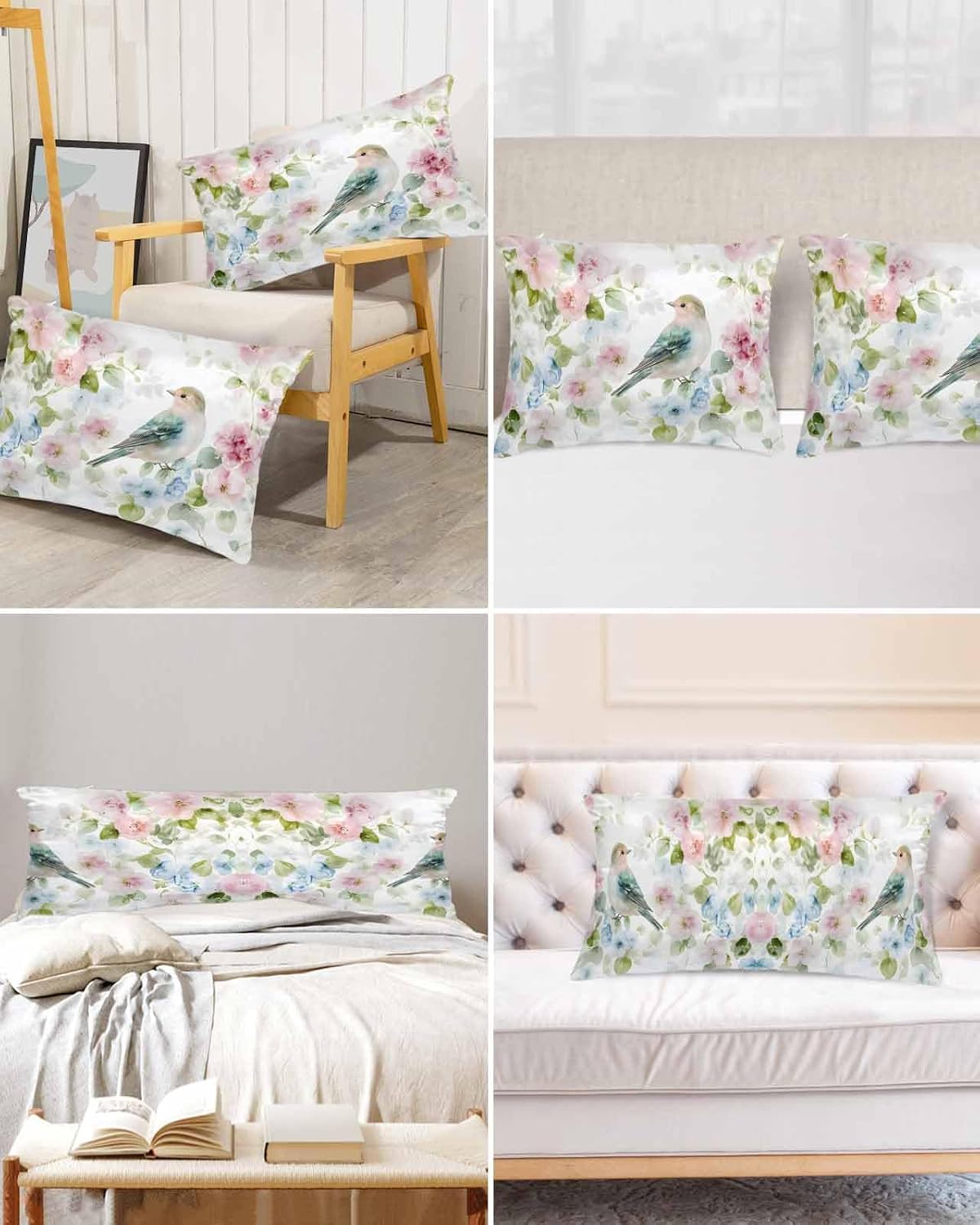 Peach Blossom Satin Pillowcases Queen Size, Silk Pillow Cases for Hair and Skin with Zipper 2 Pack, Nature Pink Blue Flower Spring Birds Smooth Throw Pillow Covers for Sleeping, 20"x30"