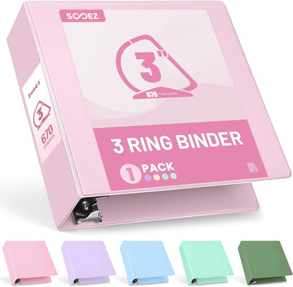 3 Ring Binder 3 Inch, Large Binder with Pockets, Pink, Letter Size