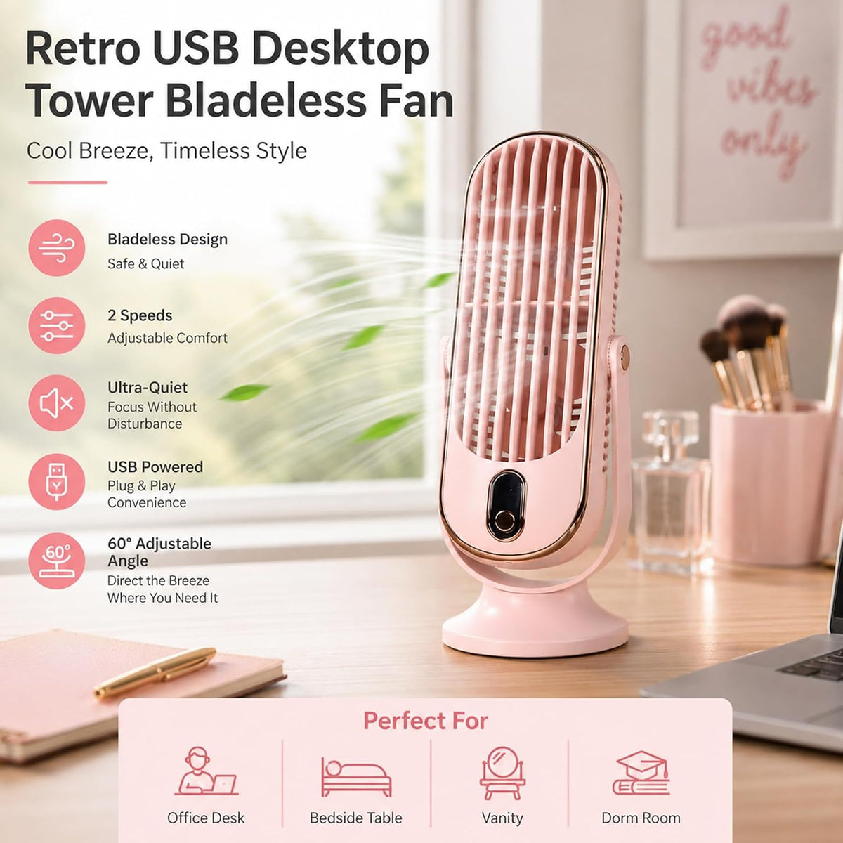 Table Tower Fan, 5 Speed Ultra Quiet 22dB USB Powered Compact Tower Fan with Turbo Airflow Detachable Blade, Portable Desktop Cooling Fan for Office Bedroom Outdoor (Pink)
