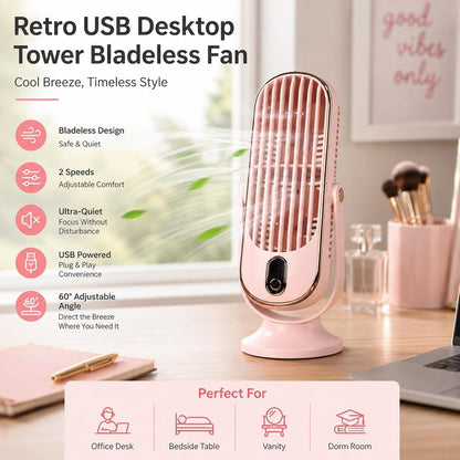 Table Tower Fan, 5 Speed Ultra Quiet 22dB USB Powered Compact Tower Fan with Turbo Airflow Detachable Blade, Portable Desktop Cooling Fan for Office Bedroom Outdoor (Pink)