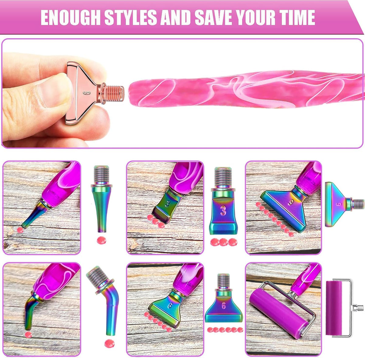 Diamond Art Pens Tools Diamond Painting Accessories Kits with Screw Metal Tip Roller Diamond Painting Pen Drill Bead Dot Pens for Art Craft Nail (Pink Pen Rose Gold 6)