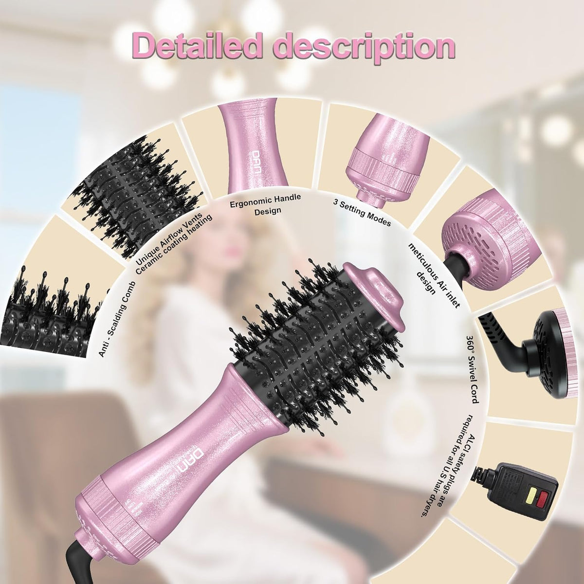 DAN Travel Hair Dryer Brush,Dual Voltage Blow Dryer Brush,100V-240V