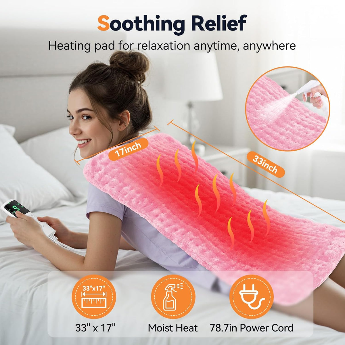 Heating Pad for Back Pain, 17"x33" Electric Heat Pad with 9 Heat Levels & 4 Auto-Off Timers, Portable Heating Pad for Period Cramps, Shoulder, Neck, Machine Washable, Gifts for Women Men, Pink