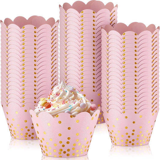 60 Pcs Gold Polka Dots Cupcake Wrappers Adjustable, Light Pink