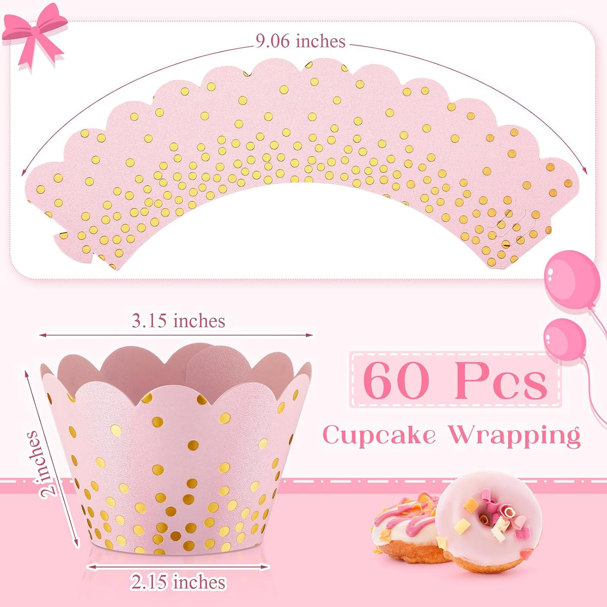 60 Pcs Gold Polka Dots Cupcake Wrappers Adjustable, Light Pink