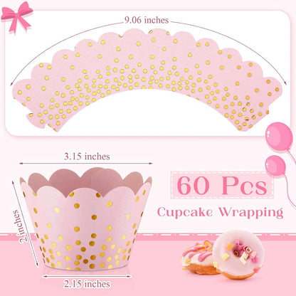 60 Pcs Gold Polka Dots Cupcake Wrappers Adjustable, Light Pink