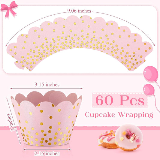 60 Pcs Gold Polka Dots Cupcake Wrappers Adjustable, Light Pink