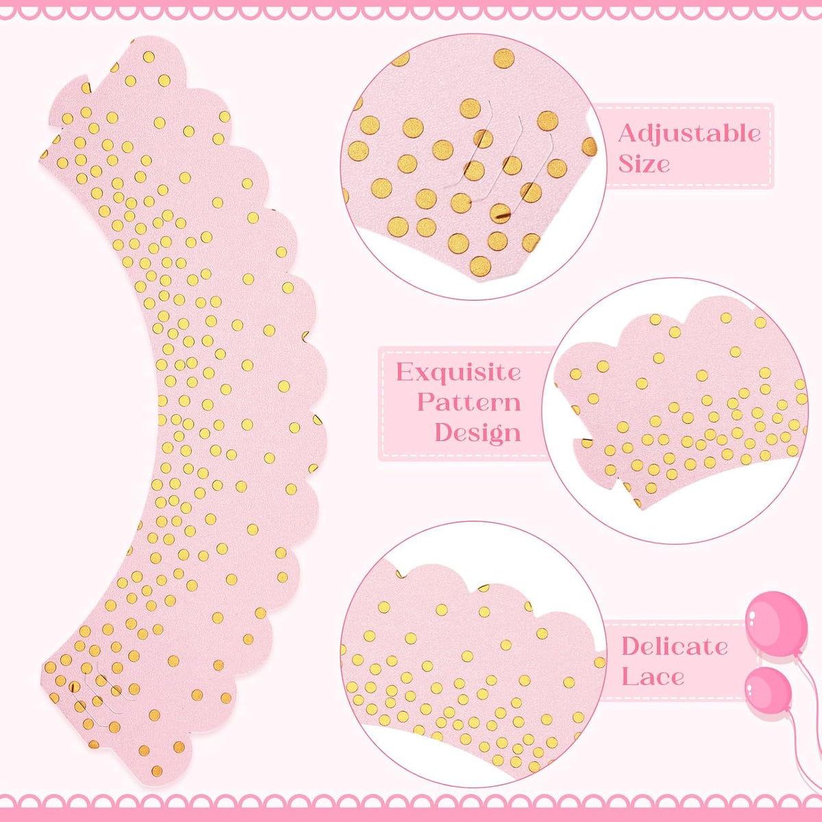60 Pcs Gold Polka Dots Cupcake Wrappers Adjustable, Light Pink