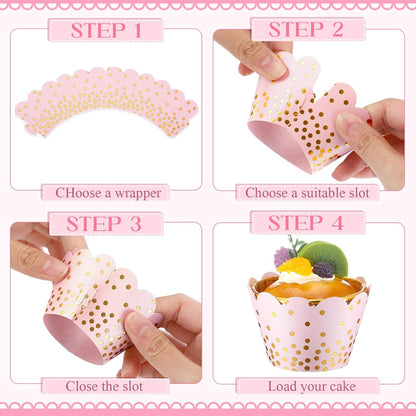 60 Pcs Gold Polka Dots Cupcake Wrappers Adjustable, Light Pink