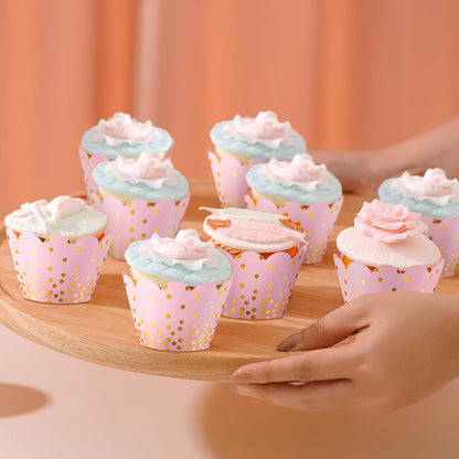 60 Pcs Gold Polka Dots Cupcake Wrappers Adjustable, Light Pink