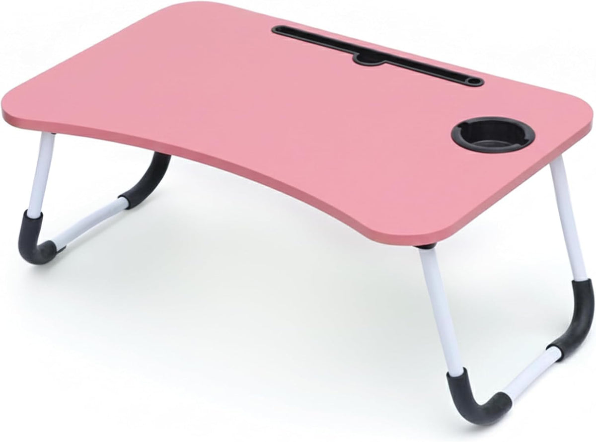 Laptop Bed Table, Laptop Desk with Foldable Legs & Cup Slot, Portable Tablet Notebook Stand Breakfast Bed Tray with Curved Design Charging Slot & Handle for Sofa, Bed (Pink and Green) (Pink)
